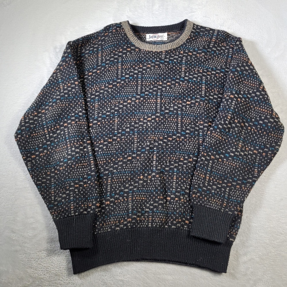 Jantzen Sweater Mens S Black Multi Color Geometric Knit Vintage Dad Made in USA